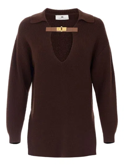 Elisabetta Franchi Sweater In Mixed Wool With A Jewel Strap In Brown