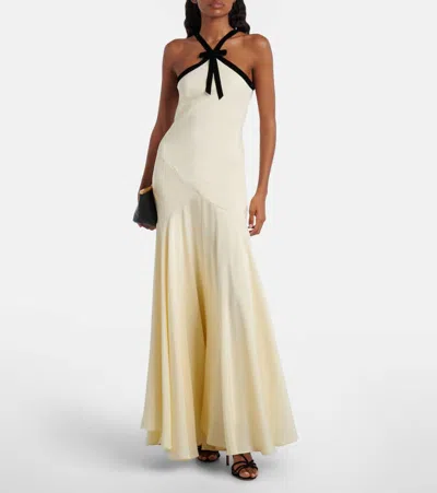 Rodarte Velvet-trimmed Silk Crepe Maxi Halter Dress In Neutral