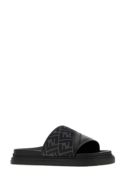 Fendi Men Low Leather Sandals With Ff Jacquard Insert In Multi