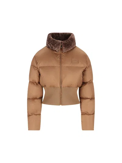 Fendi Short Padded Down Jacket With Shearling Collar Clothing In Brown