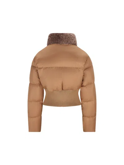 Fendi Short Padded Down Jacket With Shearling Collar Clothing In Brown