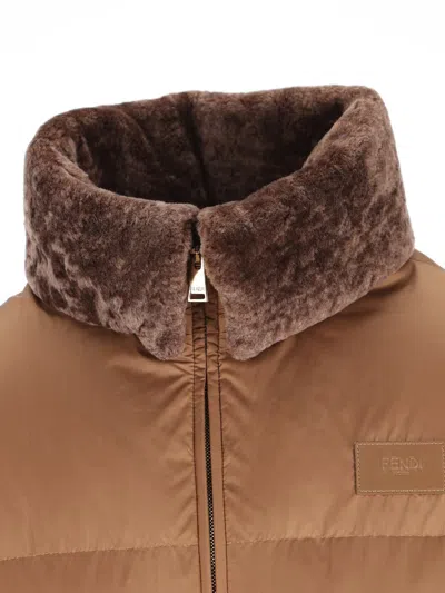 Fendi Short Padded Down Jacket With Shearling Collar Clothing In Brown