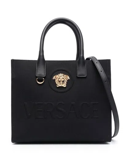 Versace La Medusa Canvas Small Tote Bags In Black