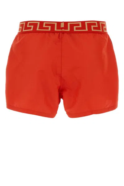 Versace Greca Border Long Boxer Trunks In Orange
