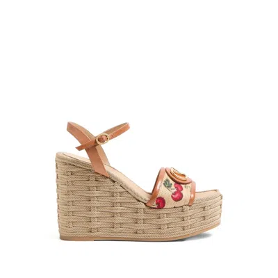 Valentino Vlogo Cherry Jacquard Raffia-wedge Espadrilles In Brown