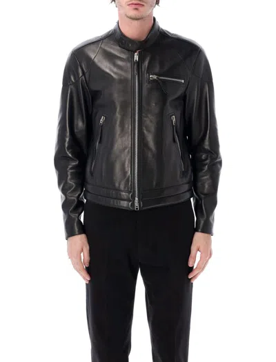 Tom Ford Leather Biker Jacket Stand Collar Zips In Black