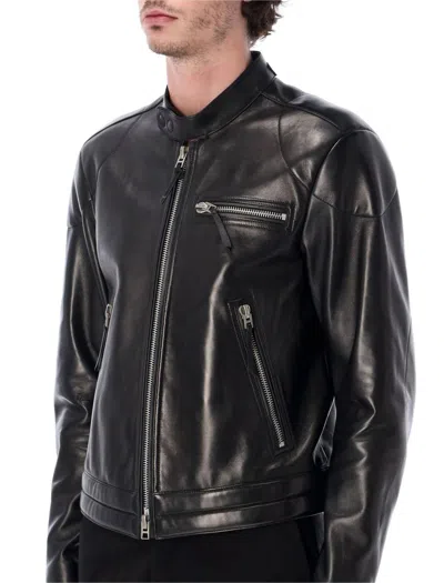 Tom Ford Leather Biker Jacket Stand Collar Zips In Black