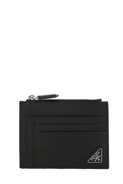 Prada Triangle Logo Saffiano Leather Zip Cardholder In Black