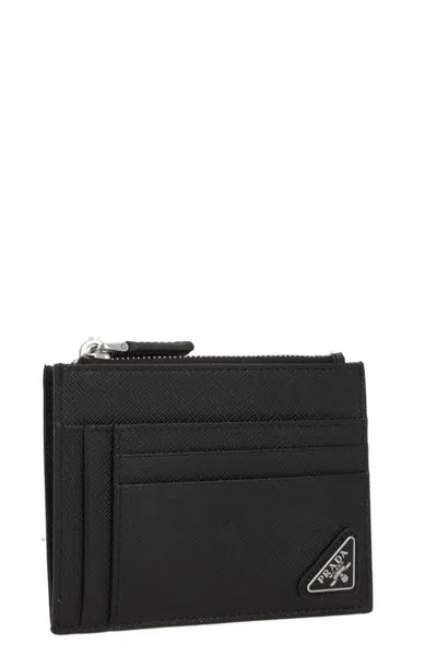Prada Triangle Logo Saffiano Leather Zip Cardholder In Black