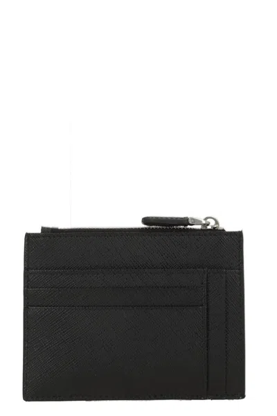Prada Triangle Logo Saffiano Leather Zip Cardholder In Black