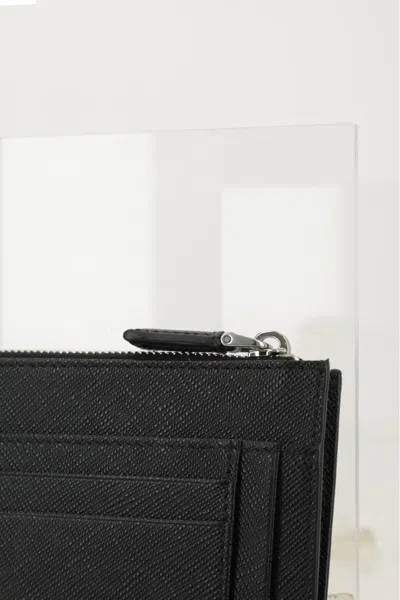 Prada Triangle Logo Saffiano Leather Zip Cardholder In Black