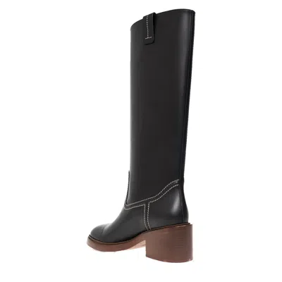 Chloé Leather Evening Under The Knee Boots With Visible Stitchings In Black