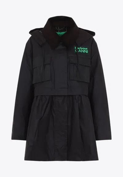 Barbour Dark Brown Jacket With All-over Stripe Motif And Logo Patch On The Front In Waxed Cotton Woman