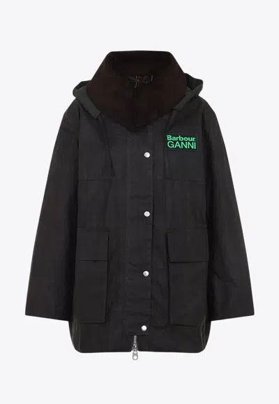 Barbour Dark Brown Jacket With All-over Stripe Motif And Logo Patch On The Front In Waxed Cotton Woman