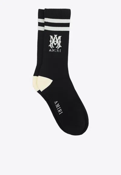 Amiri Logo-intarsia Ribbed Stretch Cotton-blend Socks In Black