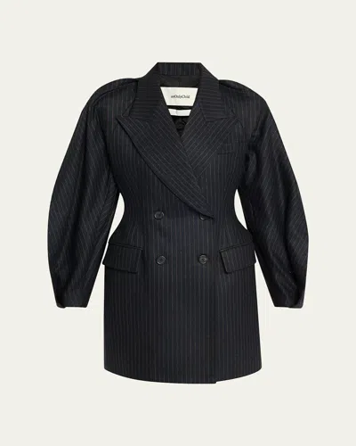Anonlychild Kitts Ruched Balloon-sleeve Double-breasted Blazer In Black