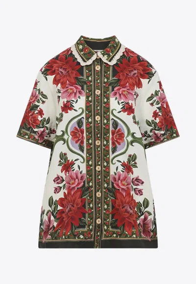 Farm Rio Wonder Multicolor Shirt With Lace Embroidered Classic Collar And All-over Floral Motif In Linen Blen