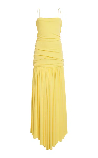Jacquemus Yellow Dress With Straight Neckline And Gathered Waist In Tech Fabric Woman In Yellow