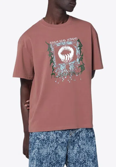 Brain Dead Walnut Vintage Effect T Shirt With Printed Logo In Purple