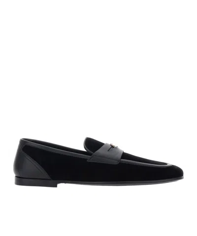 Dolce & Gabbana Ariosto Black Loafers With Metallic Dg Logo Plate On The Front In Leather And Suede Man In Black