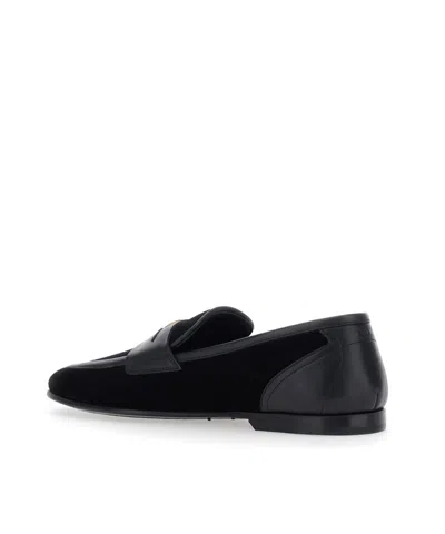 Dolce & Gabbana Ariosto Black Loafers With Metallic Dg Logo Plate On The Front In Leather And Suede Man In Black