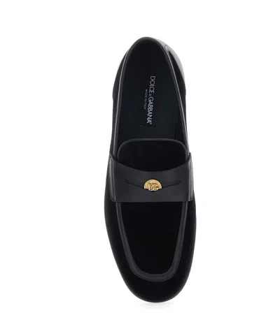 Dolce & Gabbana Ariosto Black Loafers With Metallic Dg Logo Plate On The Front In Leather And Suede Man In Black