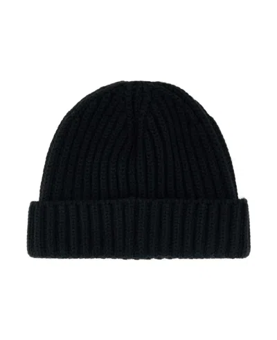Prada Wool Beanie Hat Folded Brim Ribbed Design In Black