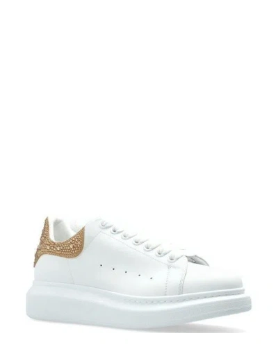 Alexander Mcqueen White Leather Sneakers With Embellished Suede Heel In White