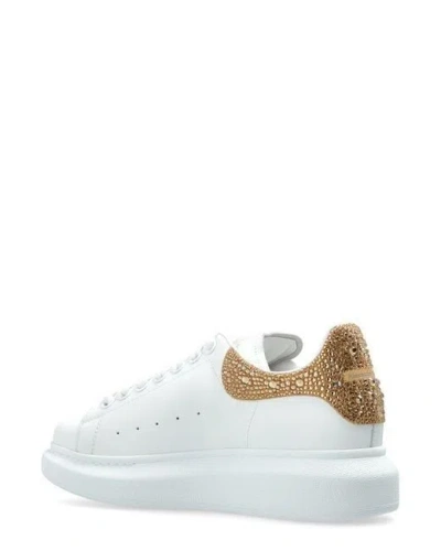 Alexander Mcqueen White Leather Sneakers With Embellished Suede Heel In White