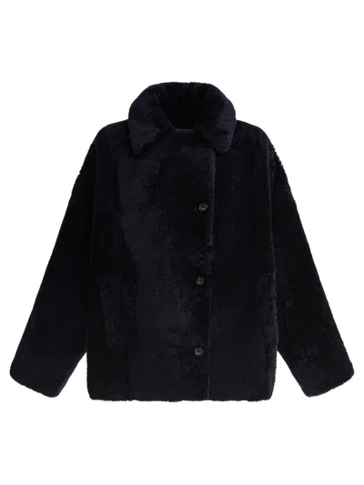 B&w Shearling Button Coat In Black