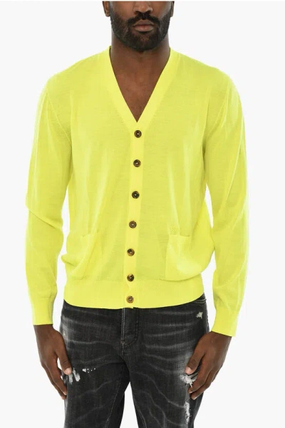 Dsquared2 Virgin Wool V-neck Cardigan In Yellow