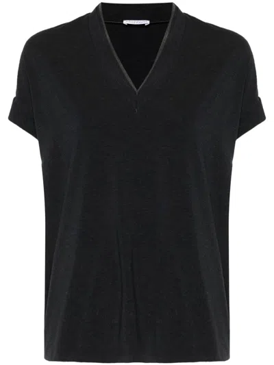 Brunello Cucinelli Monili Trim V-neck Cotton T-shirt Clothing In Black