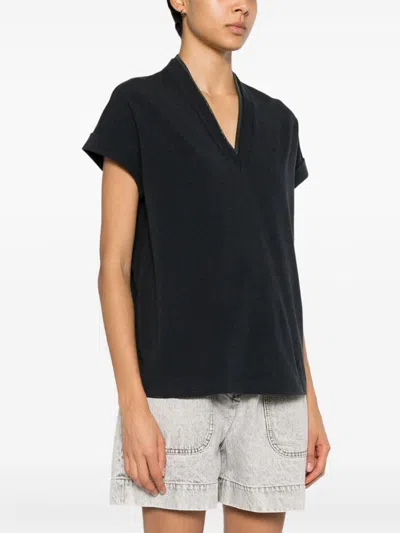 Brunello Cucinelli Monili Trim V-neck Cotton T-shirt Clothing In Black