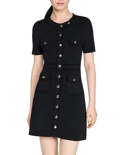 Sandro Womens Black Short-sleeved Button-up Knitted Mini Dress