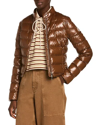 Moncler Papillon Short Down Jacket With Glossy Finish In Brown