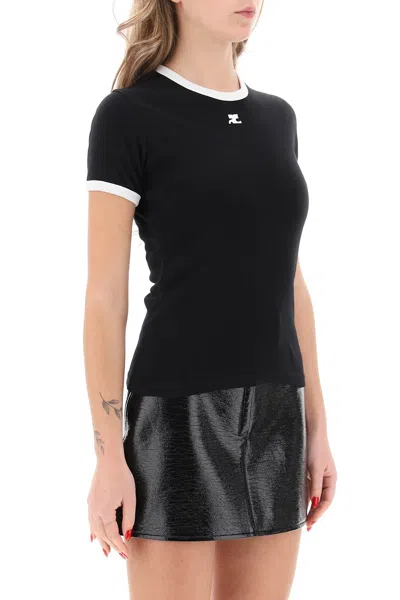 Courrèges Courreges Women Cotton T Shirt With Contrasting Profiles In Black