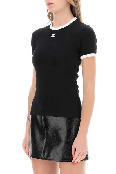 Courrèges Courreges Women Cotton T Shirt With Contrasting Profiles In Black