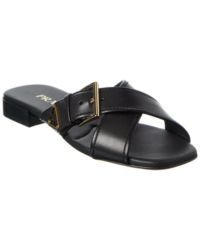 Prada Leather Crisscross Slides With Buckle Shoes In Black