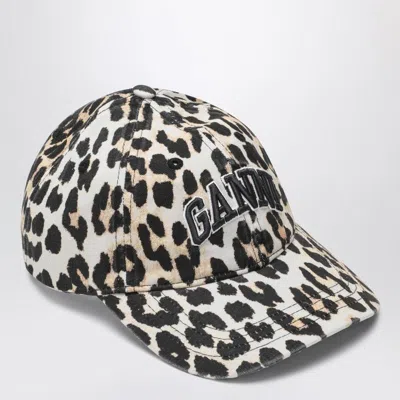 Ganni Logo-embroidered Leopard-print Canvas Cap In Brown