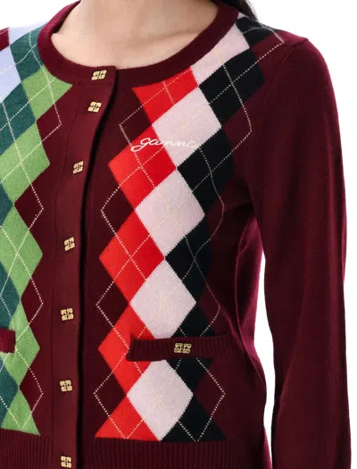 Ganni Burgundy Checked Cardigan In Cashmere Blend Women In Multi