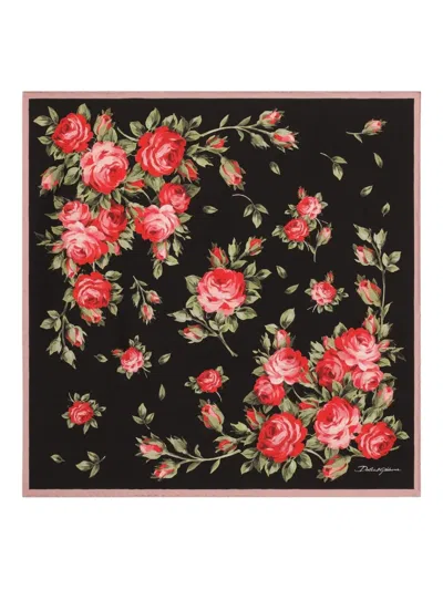Dolce & Gabbana 90x90 Cm Silk Twill Scarf With A Rose Bouquet Print In Animal Print