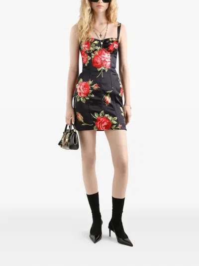 Dolce & Gabbana Black Short Dress With Floral Print In Viscose Woman In Black