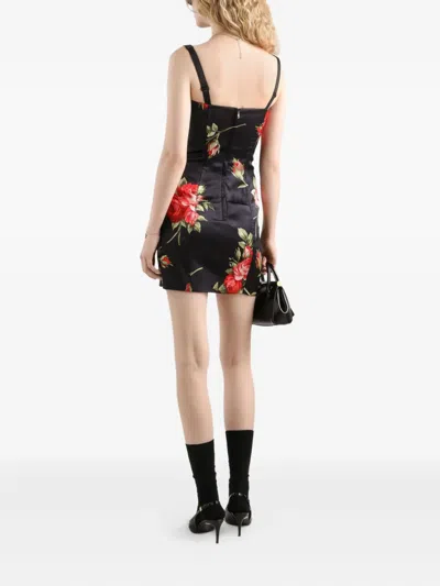 Dolce & Gabbana Black Short Dress With Floral Print In Viscose Woman In Black