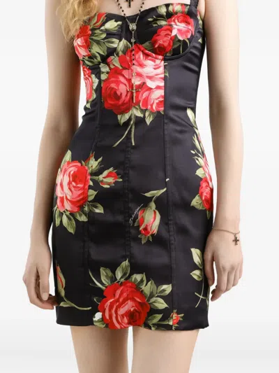 Dolce & Gabbana Black Short Dress With Floral Print In Viscose Woman In Black