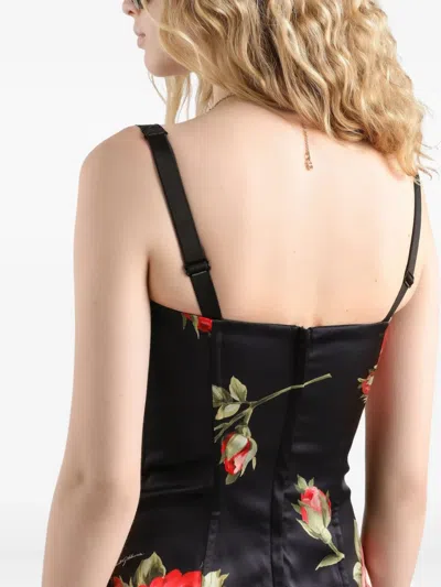 Dolce & Gabbana Black Short Dress With Floral Print In Viscose Woman In Black