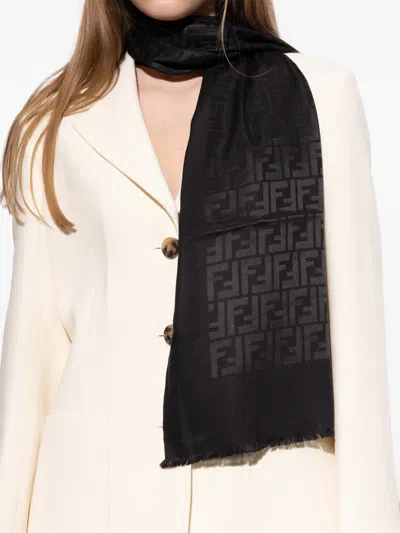 Fendi Rectangular Stole 65x200 Fringed Edges In Black