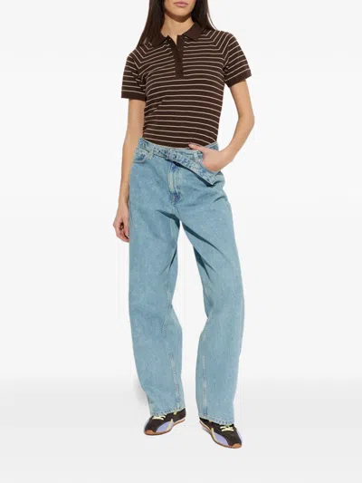Samsoe & Samsoe Samia Striped Buttoned Polo Top In Brown