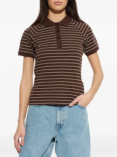 Samsoe & Samsoe Samia Striped Buttoned Polo Top In Brown