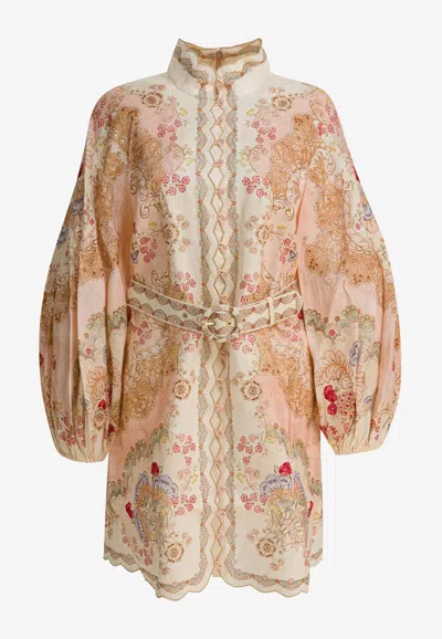 Zimmermann Daylight Multicolor Midi Dress With Long Puffed Sleeves And All-over Floral Print In Linen Woman In Yellow