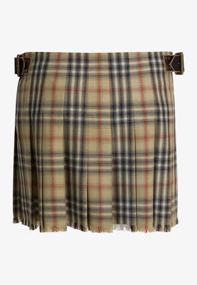 Burberry Women Beige Skirt With Adjustable Belt And All-over Check Motif In Wool Woman In Multi